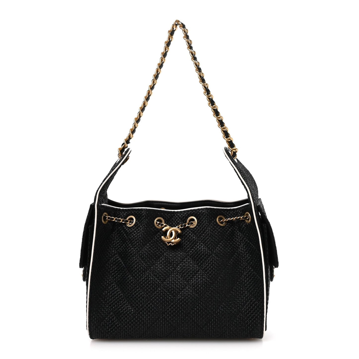 Braided Raffia Calfskin Small Chanel 25 Handbag Black White