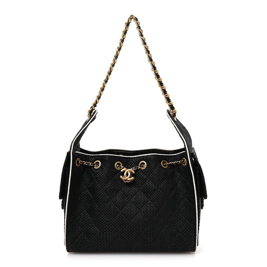 Braided Raffia Calfskin Small Chanel 25 Handbag Black White