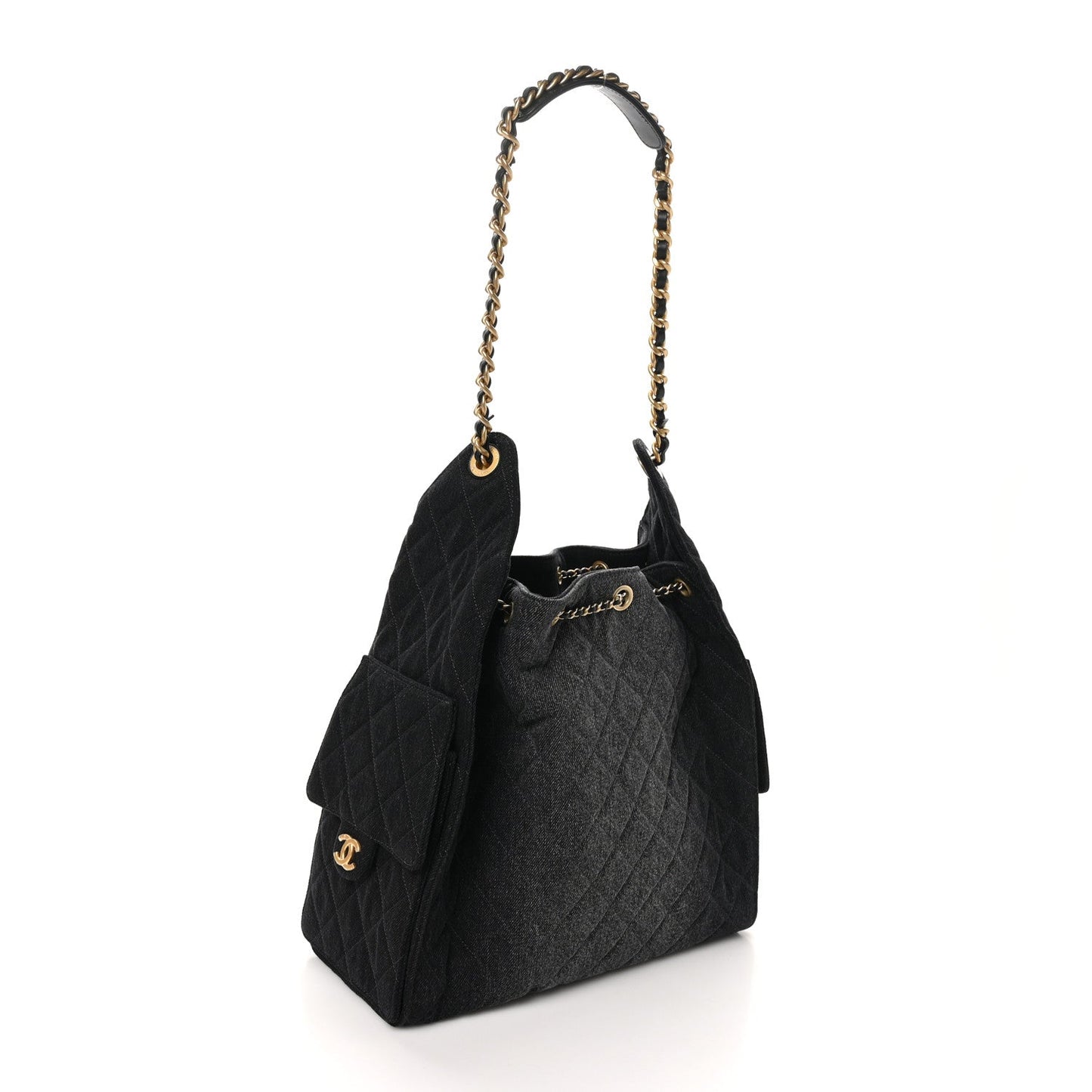 Washed Denim Quilted Medium Chanel 25 Handbag Black