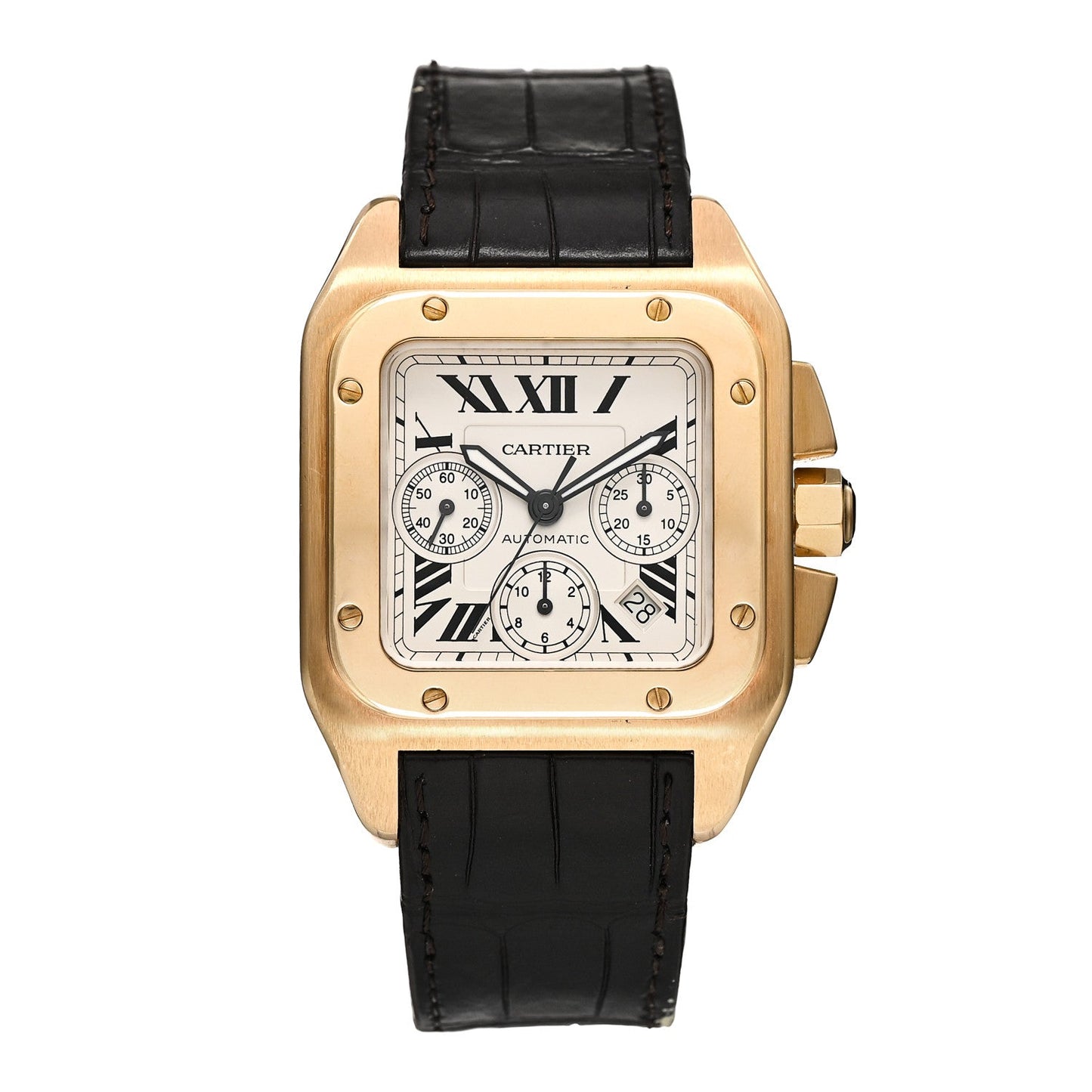 18K Yellow Gold Alligator 41.5mm Santos 100 Chronograph Automatic Watch
