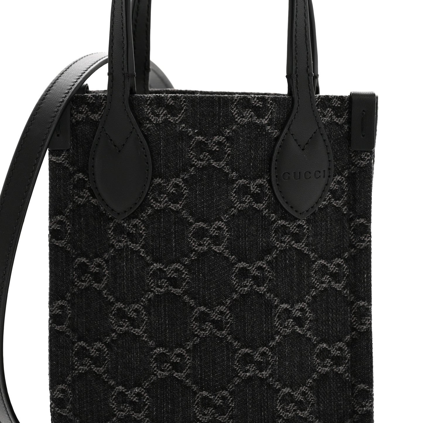 Denim Cuoio Harness GG Monogram Mini Ophidia Tote Bag Black Medium Grey