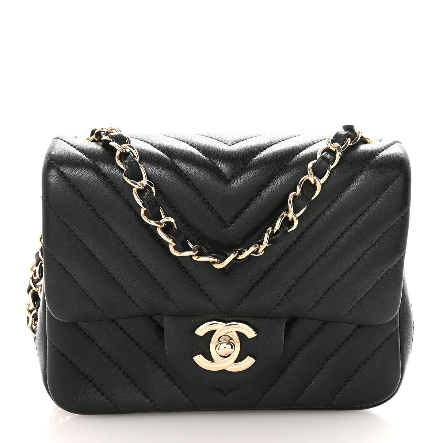 Lambskin Chevron Quilted Mini Square Flap Black