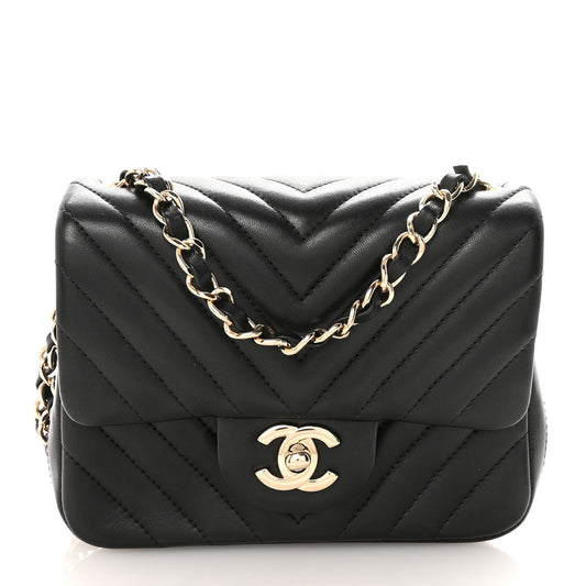 Lambskin Chevron Quilted Mini Square Flap Black