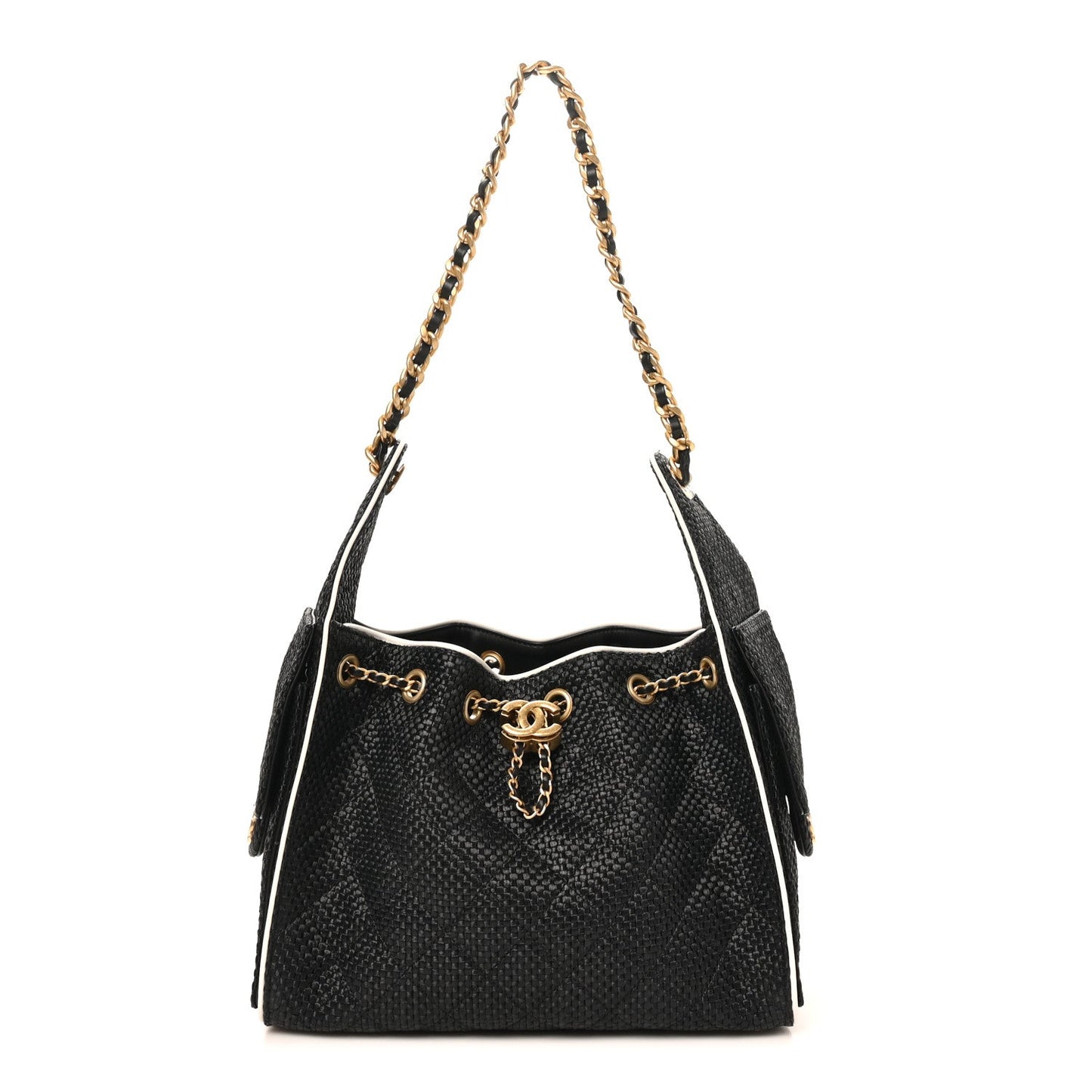 Braided Raffia Calfskin Quilted Small Chanel 25 Handbag Black White