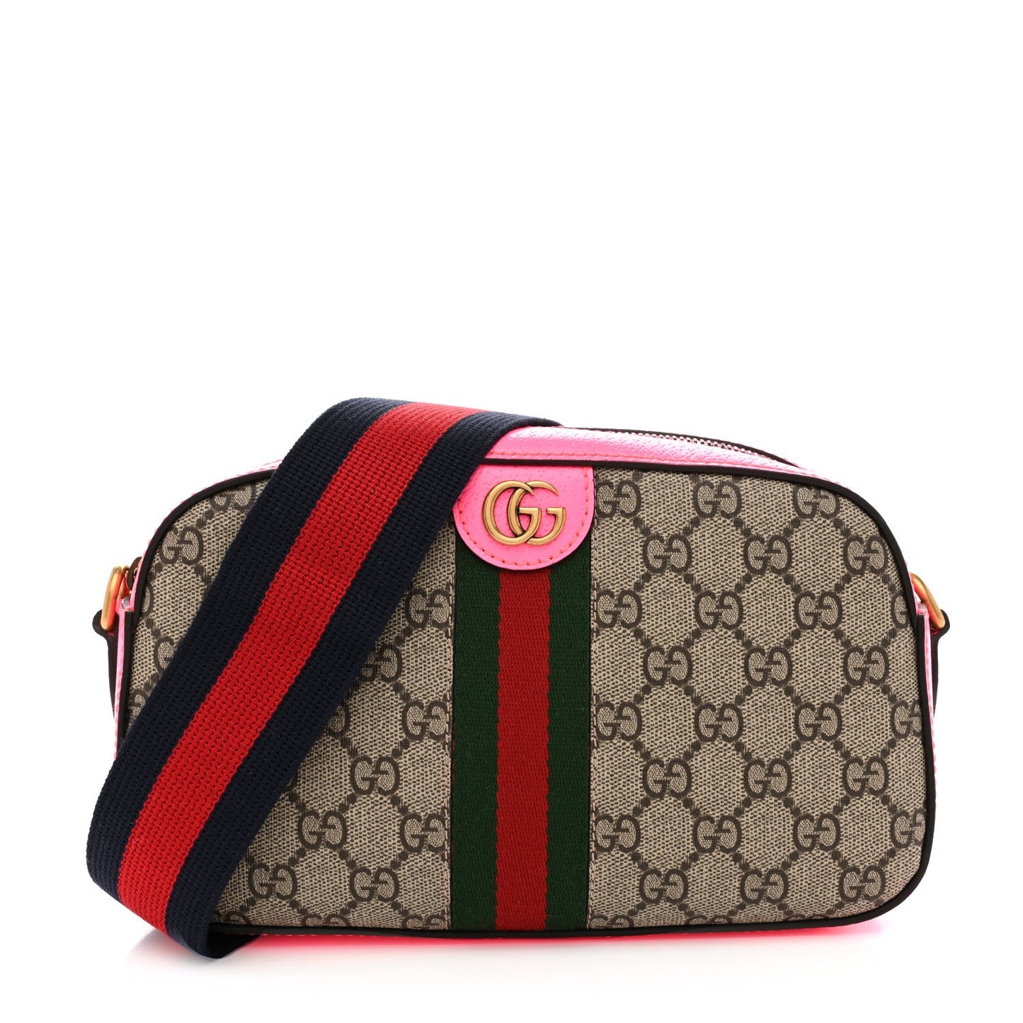 GG Supreme Monogram Textured Dollar Calfskin Web Ophidia Small Crossbody Bag Beige Ebony Fuchsia