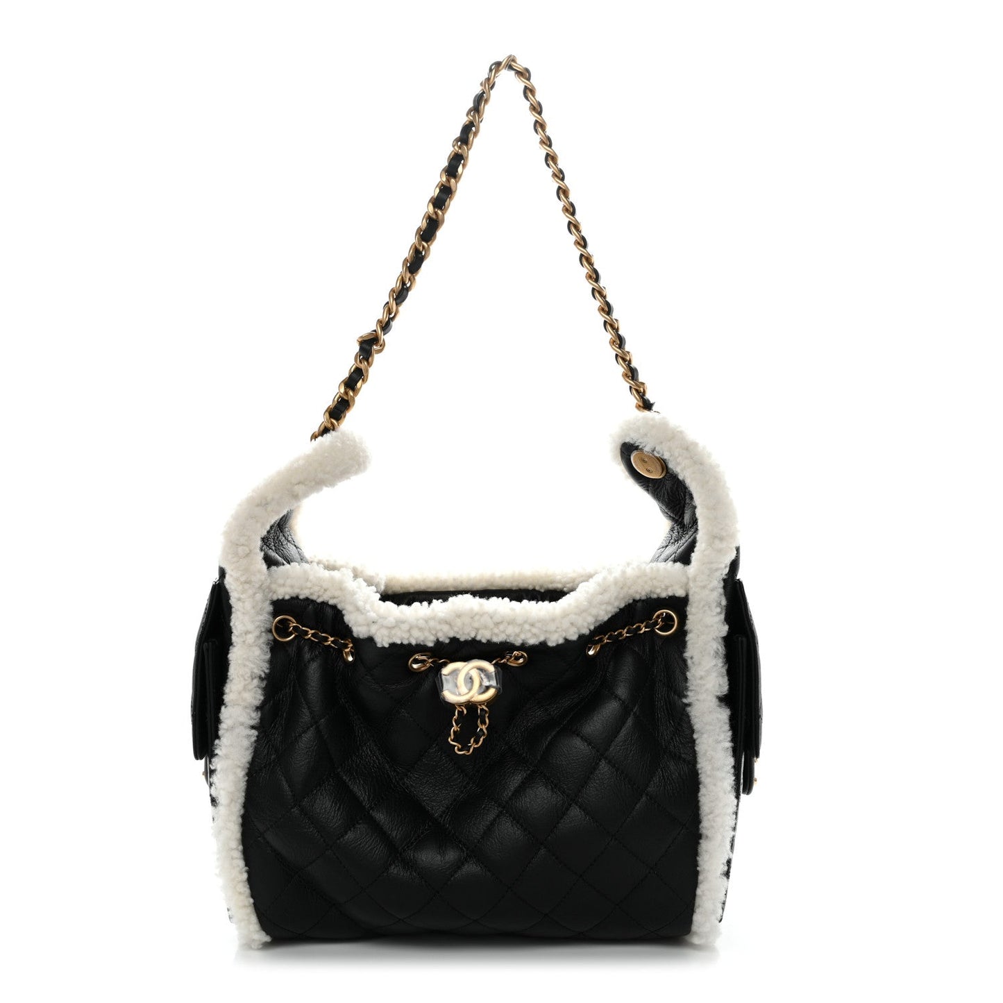 Crumpled Sheepskin Shearling Quilted Small Chanel 25 Handbag Black White