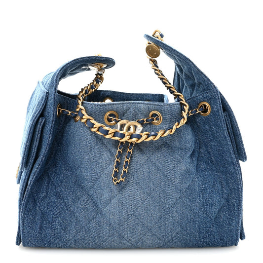 Washed Denim Quilted Small Chanel 25 Handbag Blue