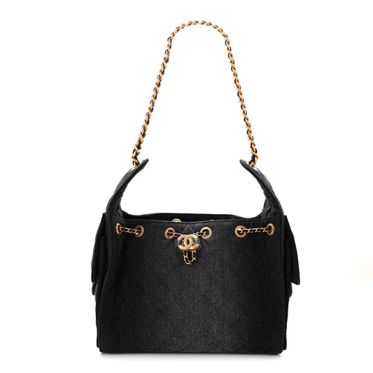 Washed Denim Quilted Small Chanel 25 Handbag Black