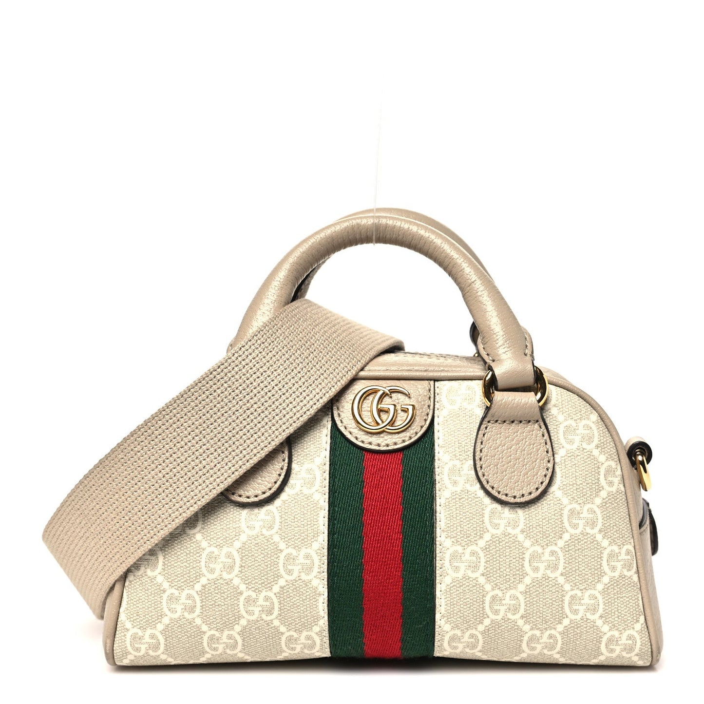 GG Supreme Monogram Textured Dollar Calfskin Web Mini Ophidia Top Handle Bowler Bag Beige Mystic White Oatmeal
