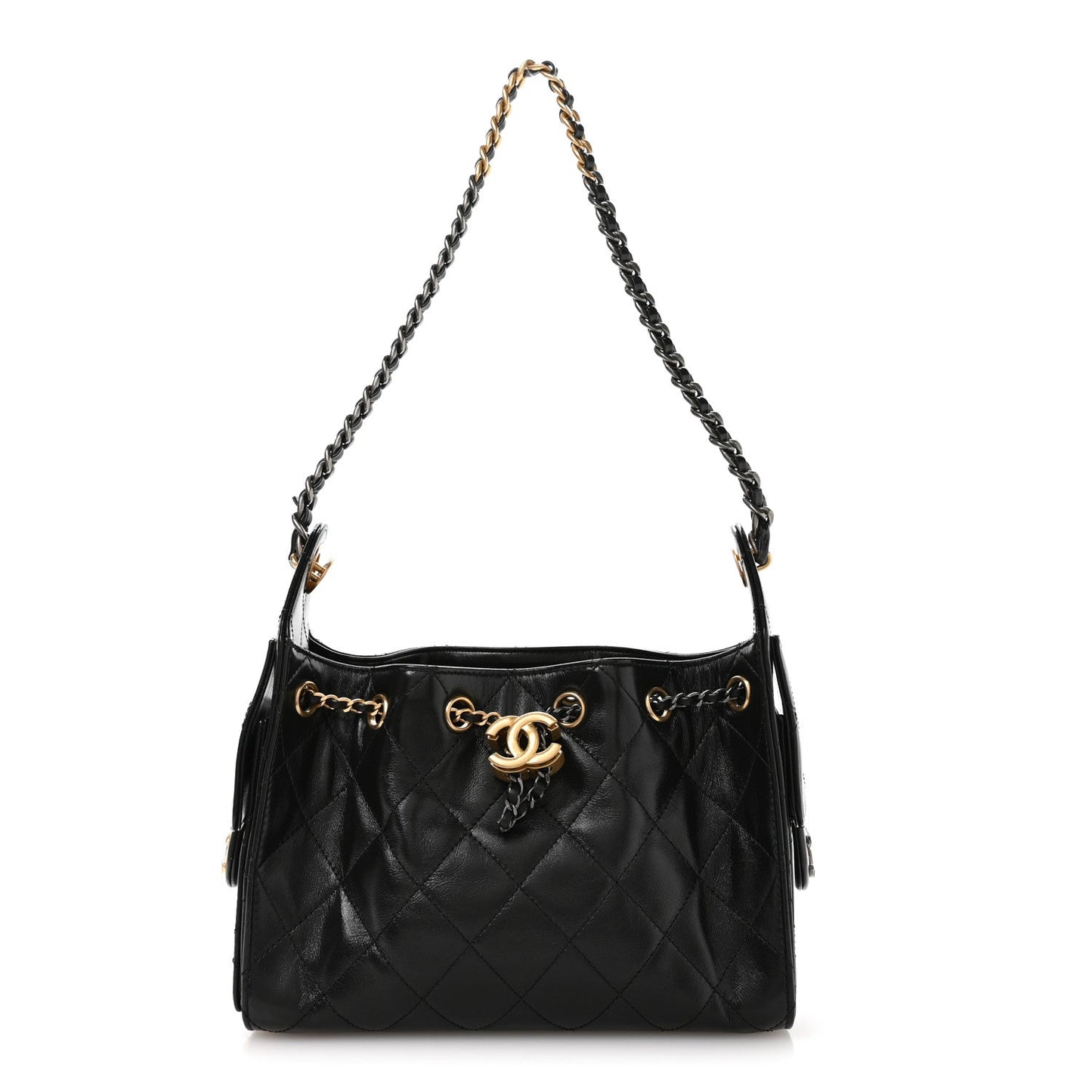 Shiny Crumpled Calfskin Quilted Mini Chanel 25 Handbag Black