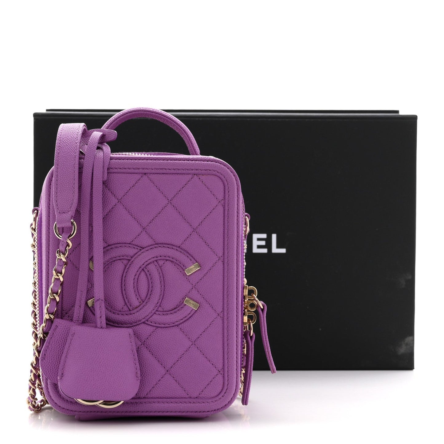 Caviar Quilted CC North South Filigree Vanity Case Purple