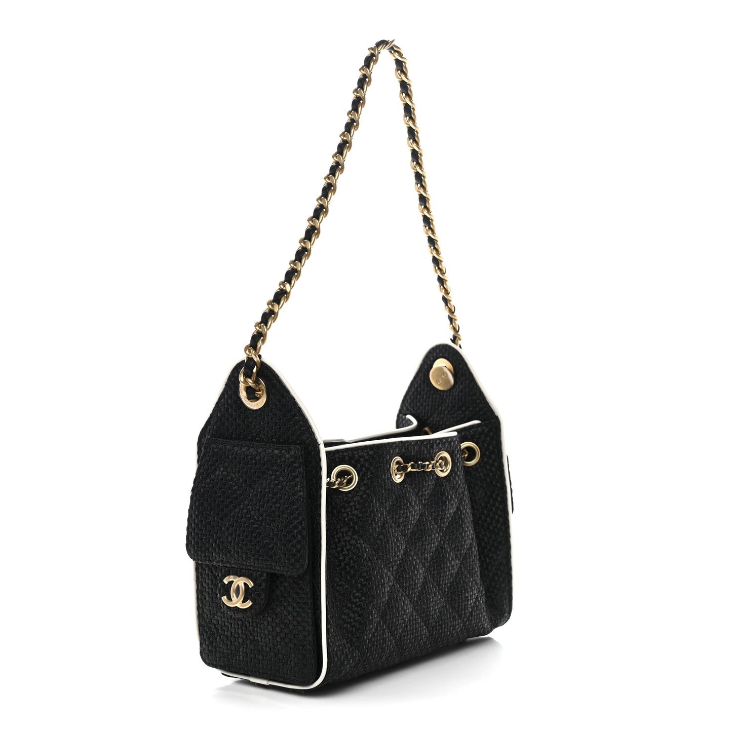 Braided Raffia Calfskin Quilted Mini Chanel 25 Handbag Black White