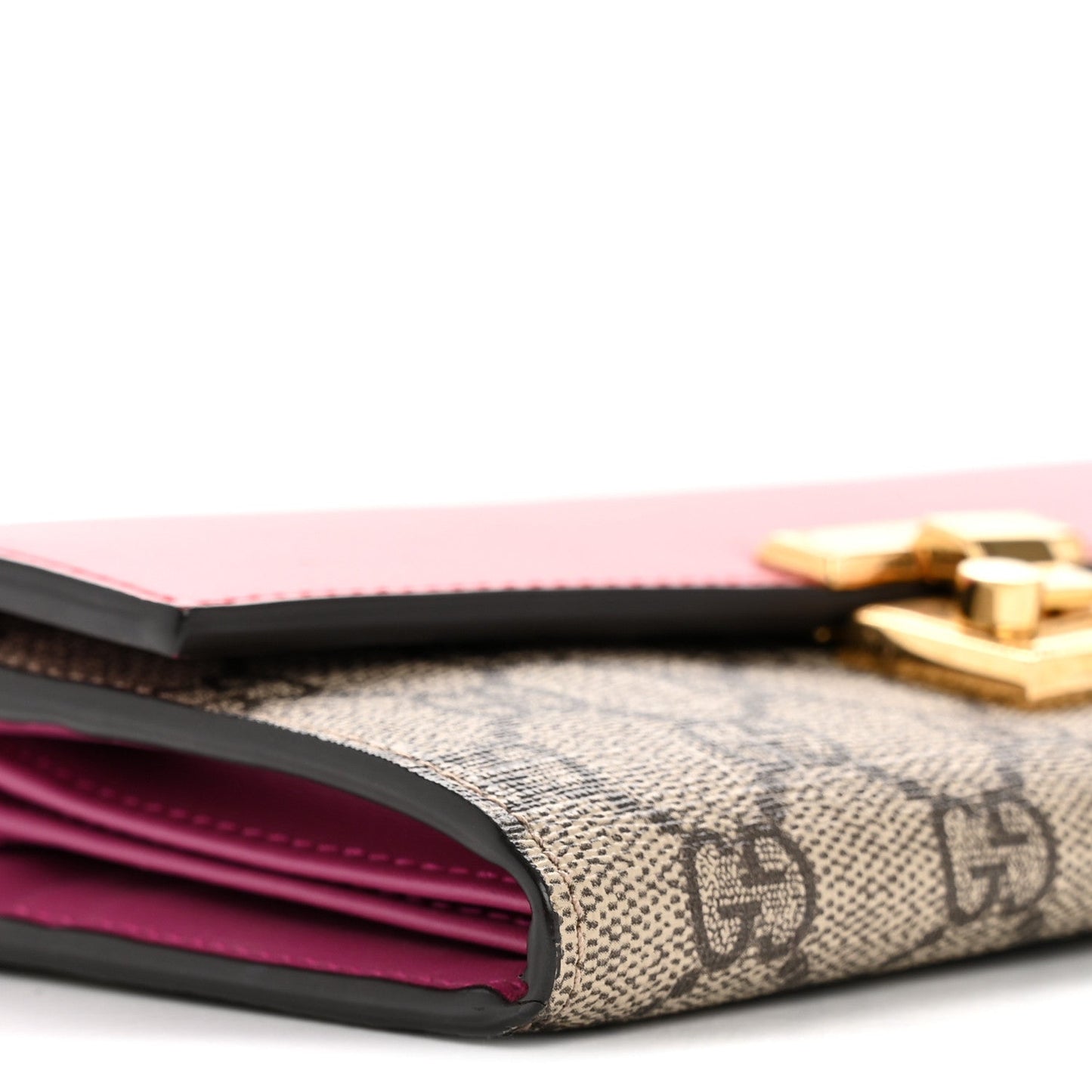 GG Supreme Monogram Moon Calfskin Padlock Continental Chain Wallet Beige Ebony Hibiscus Red New Rosette