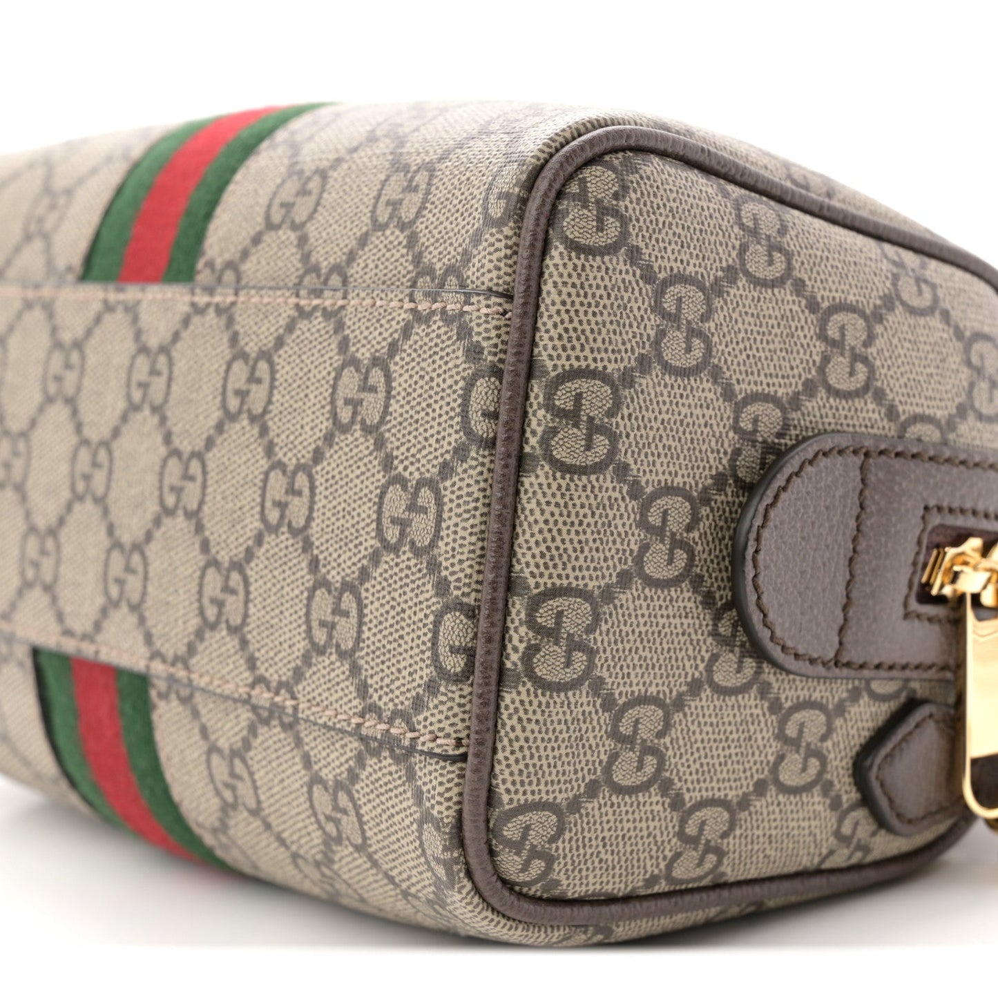 GG Supreme Monogram Textured Dollar Calfskin Web Mini Ophidia Top Handle Bag Beige Ebony New Acero
