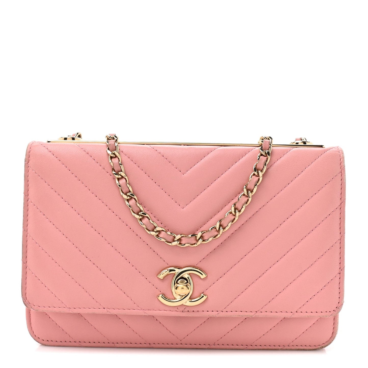 Lambskin Chevron Quilted Trendy CC Wallet On Chain WOC Pink