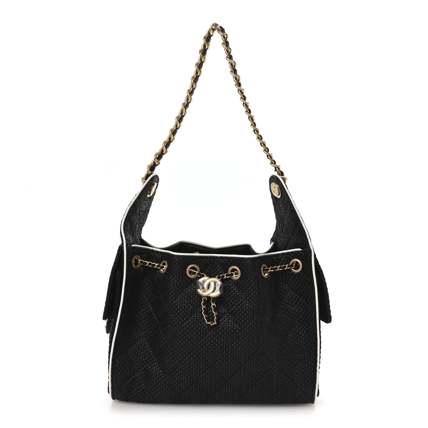 Braided Raffia Calfskin Small Chanel 25 Handbag Black White