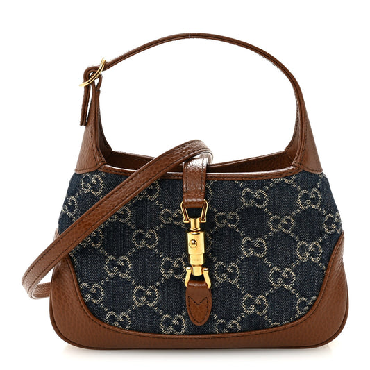 New Denim GG Monogram Calfskin Mini Jackie 1961 Hobo Blue Tea Cuir