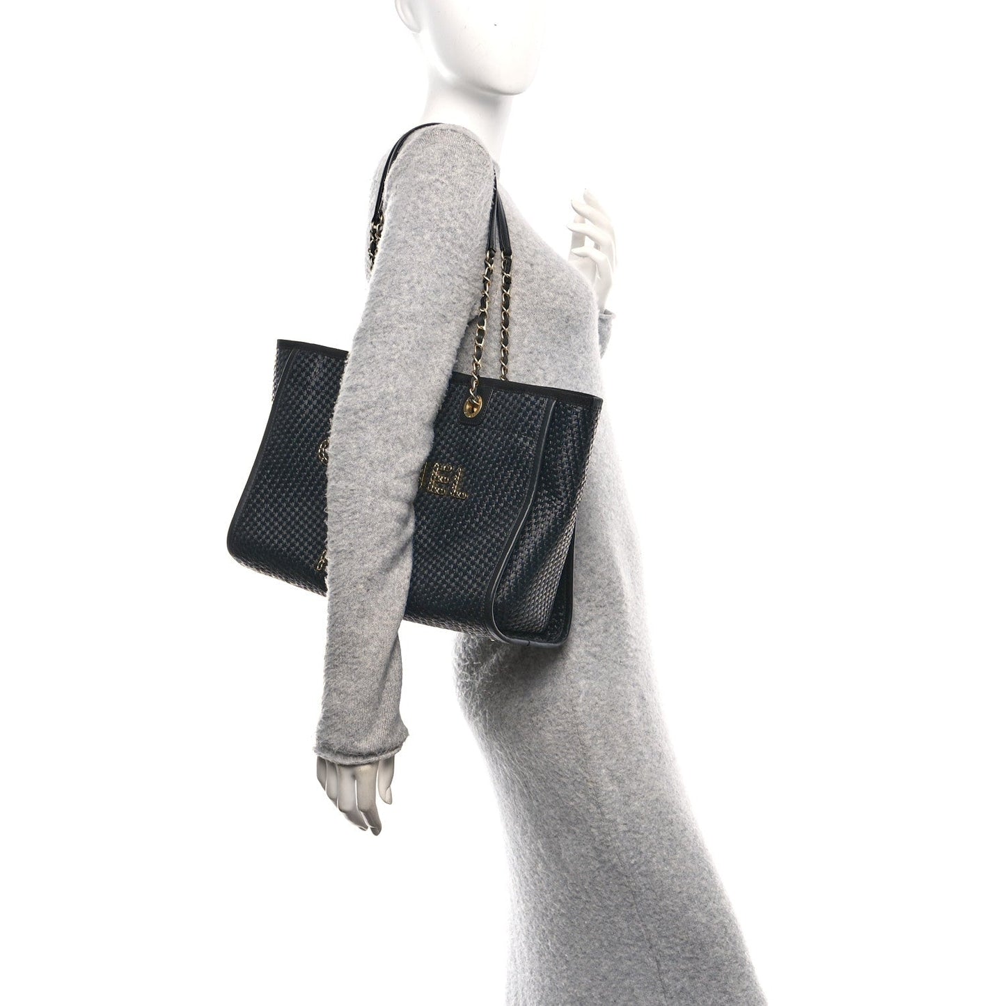 Straw Raffia Calfskin Chain Small Deauville Tote Black