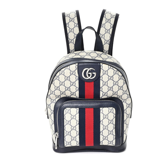 GG Supreme Monogram Textured Dollar Calfskin Web Small Ophidia Day Backpack Beige Blue Black