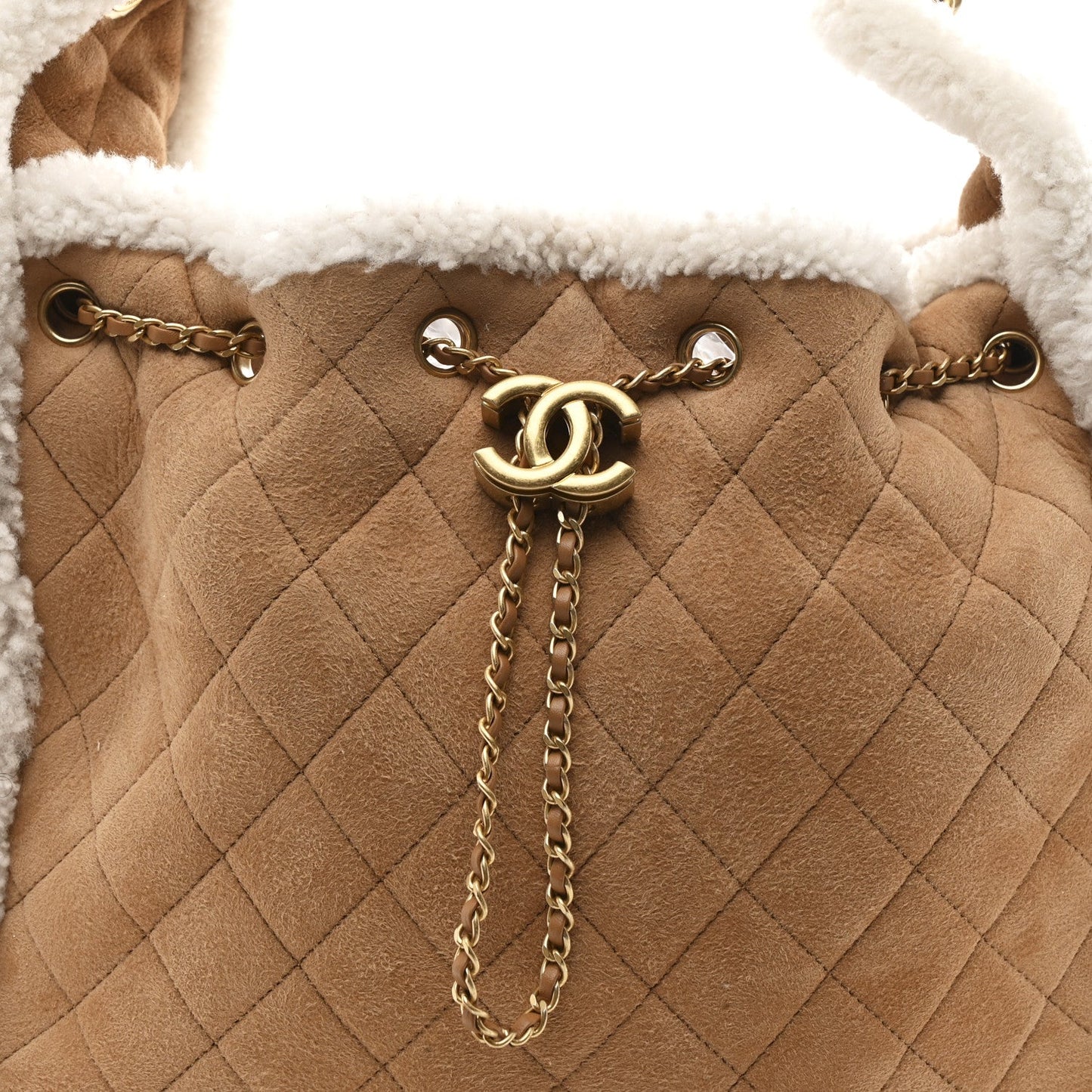 Suede Shearling Quilted Medium Chanel 25 Handbag Beige Natural