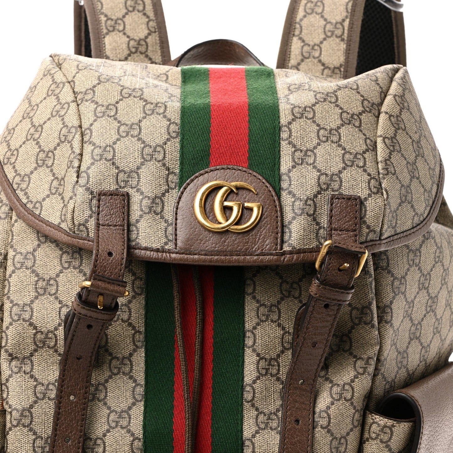 GG Supreme Monogram Medium Ophidia Double Buckle Backpack Brown