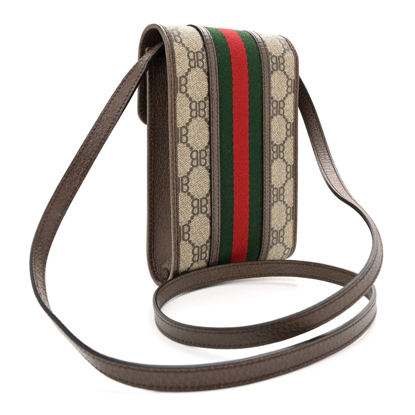 X BALENCIAGA BB Supreme Monogram Web Ophidia Phone Crossbody Bag Beige New Acero