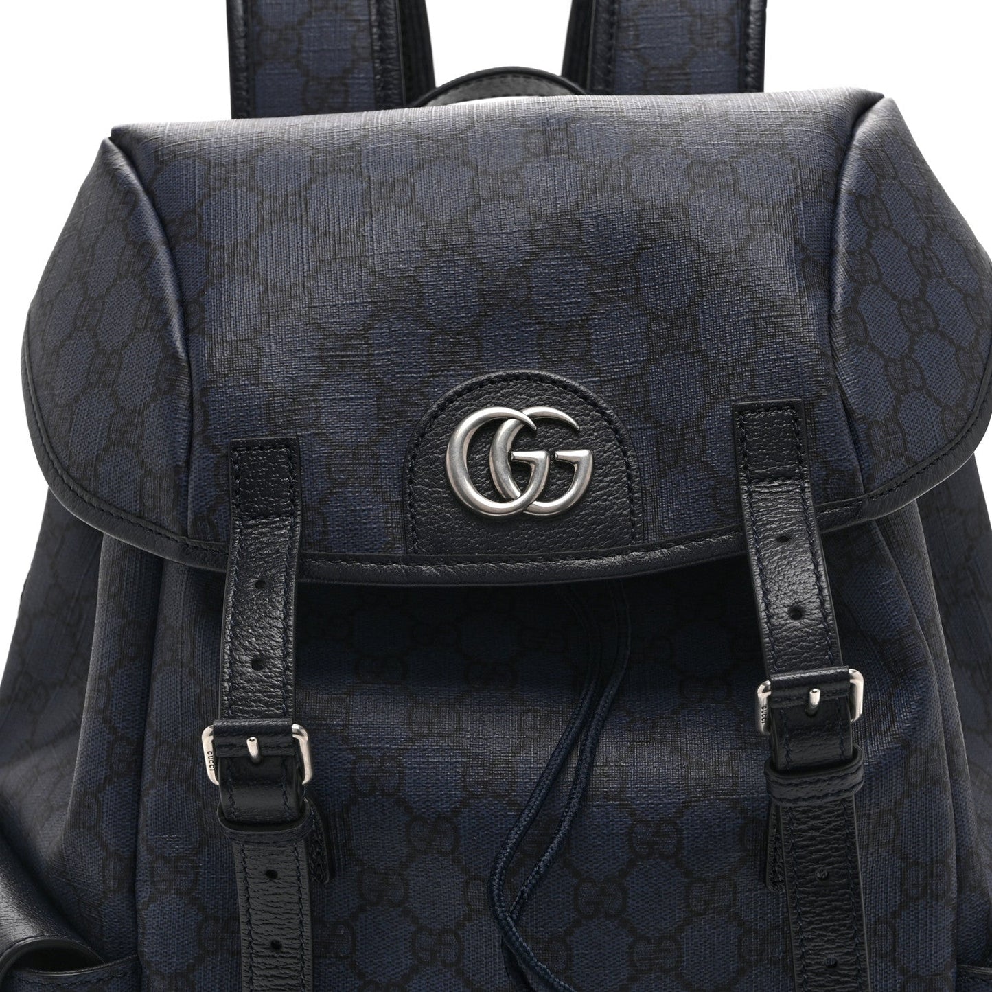 GG Supreme Monogram Textured Dollar Calfskin Medium Ophidia Double Buckle Backpack Blue Dark Blue Black