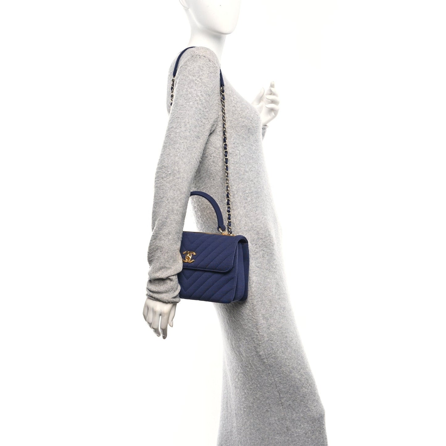 Jersey Chevron Quilted Small Trendy CC Dual Handle Flap Bag Navy Blue