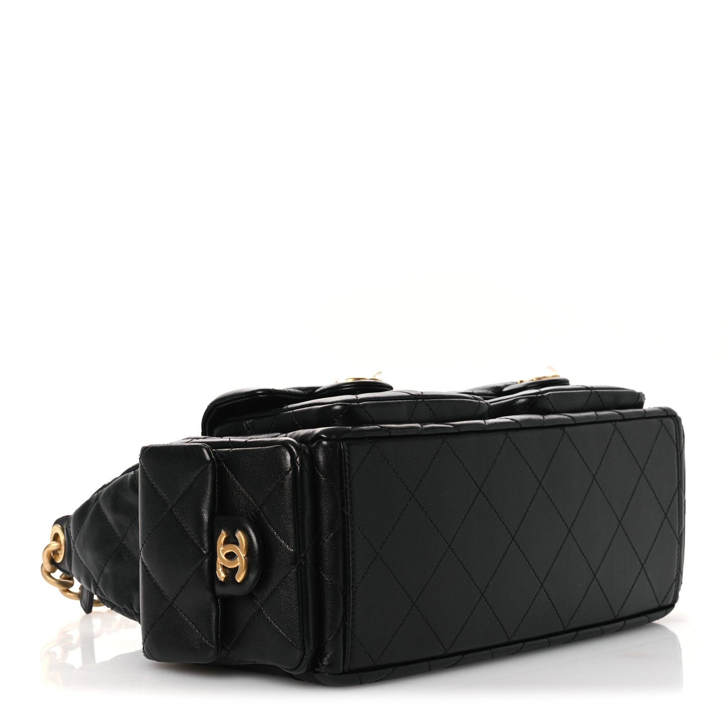 Shiny Lambskin Quilted Trendy Pockets Hobo Black