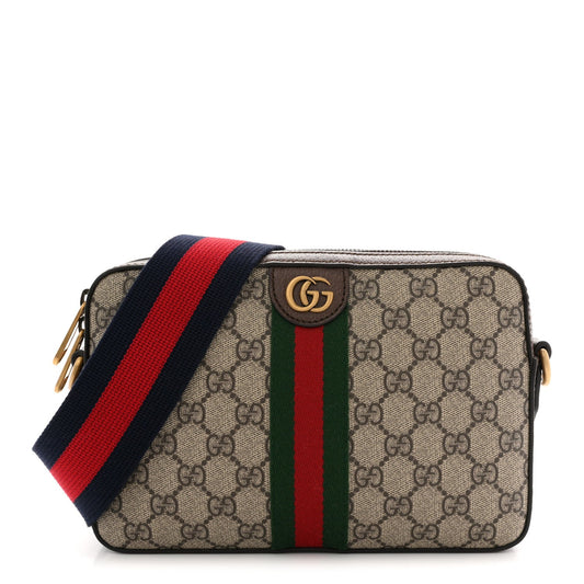 GG Supreme Monogram Textured Dollar Calfskin Web Ophidia Wristlet Shoulder Bag Beige Ebony New Acero
