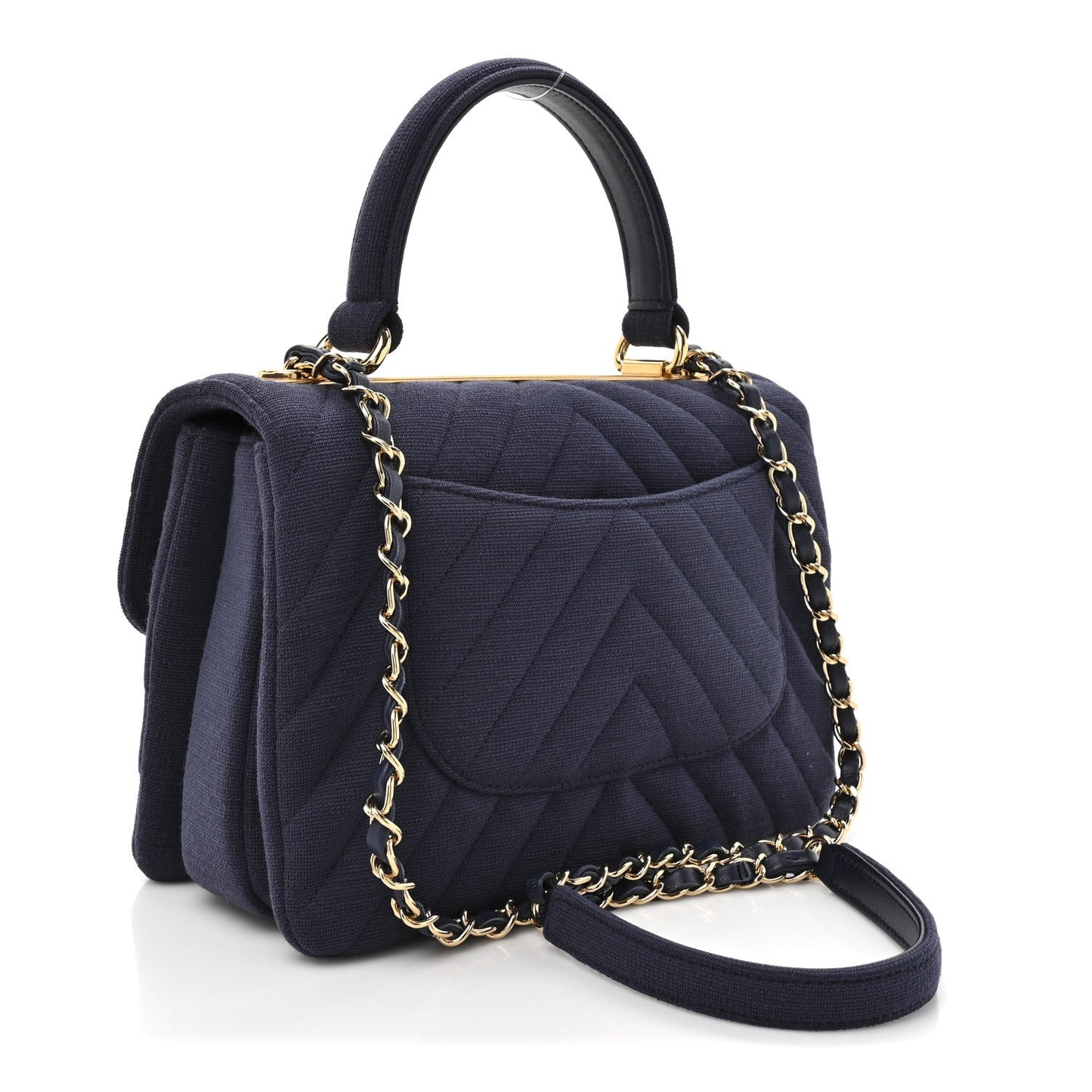 Jersey Chevron Quilted Small Trendy CC Dual Handle Flap Bag Navy Blue