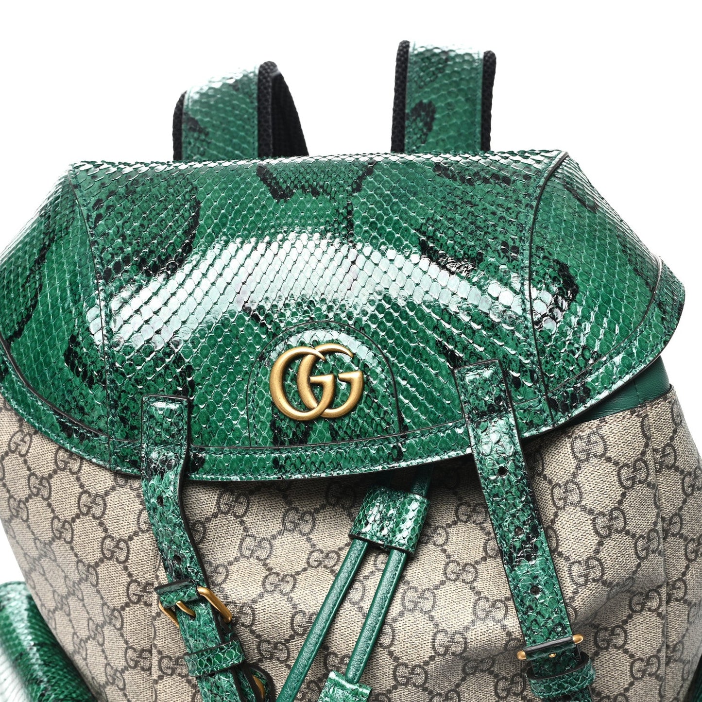 GG Supreme Monogram Snakeskin Ophidia Double Buckle Backpack Brown Green