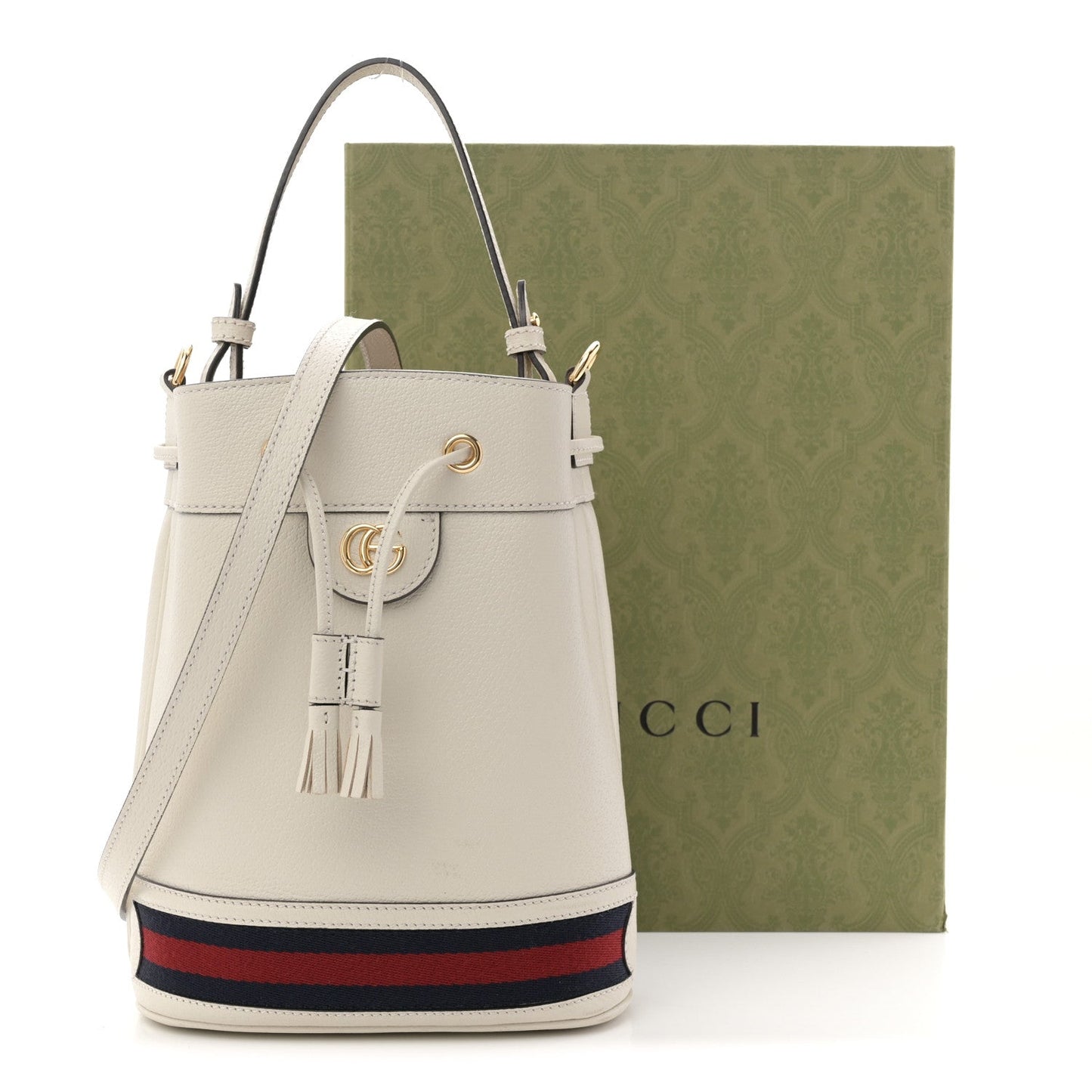 Glazed Textured Calfskin Web Small Ophidia Bucket Bag Mystic White