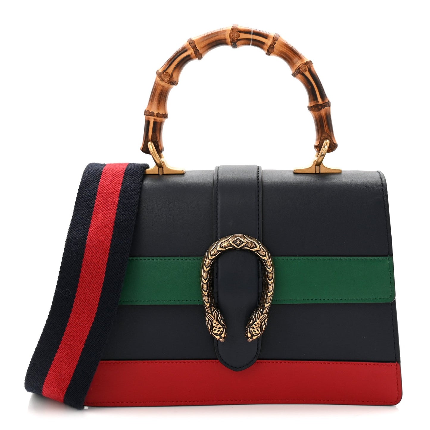 Moon Calfskin Web Medium Dionysus Bamboo Top Handle Bag Black Bright Evergreen Hibiscus Red