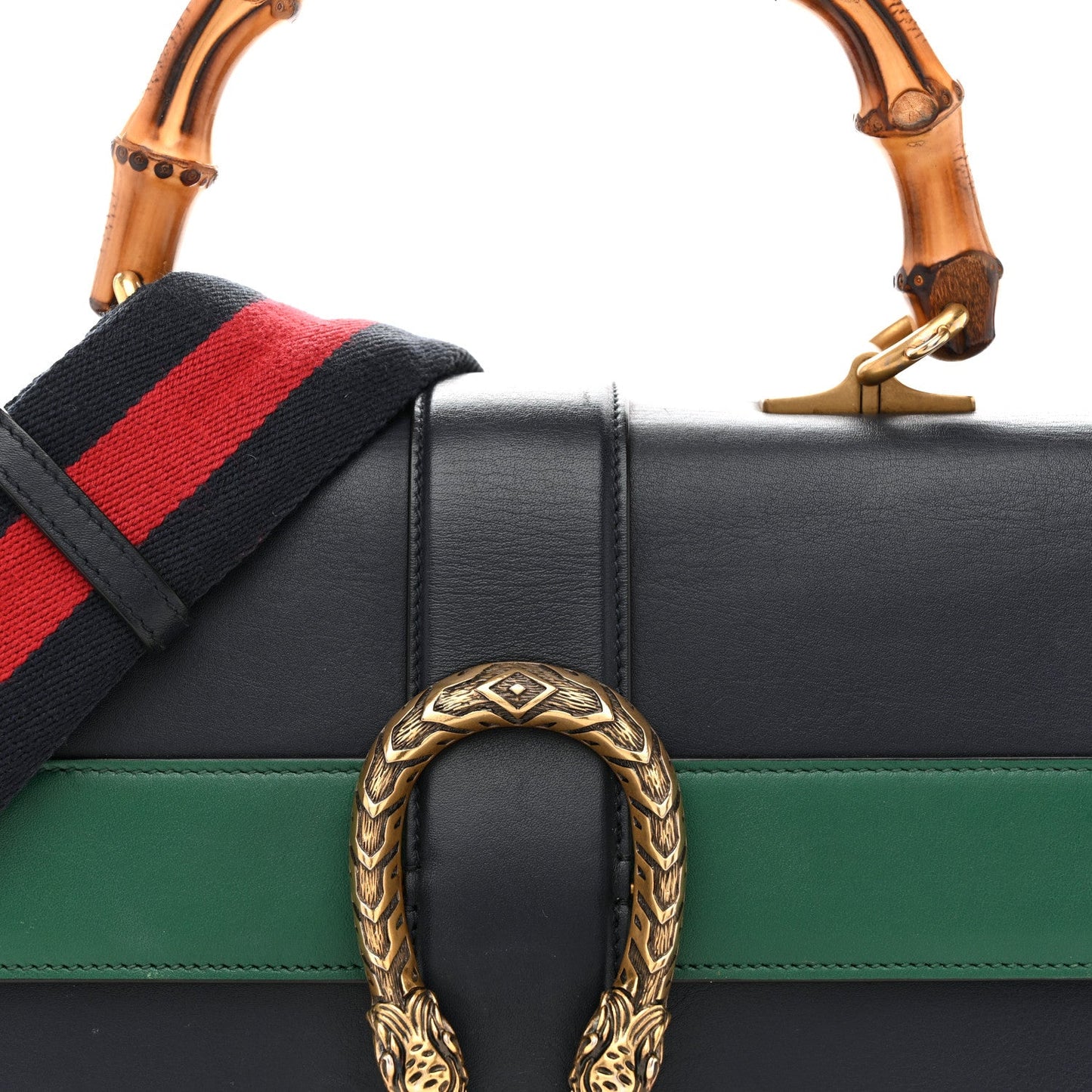 Moon Calfskin Web Medium Dionysus Bamboo Top Handle Bag Blue Emerald Hibiscus Red