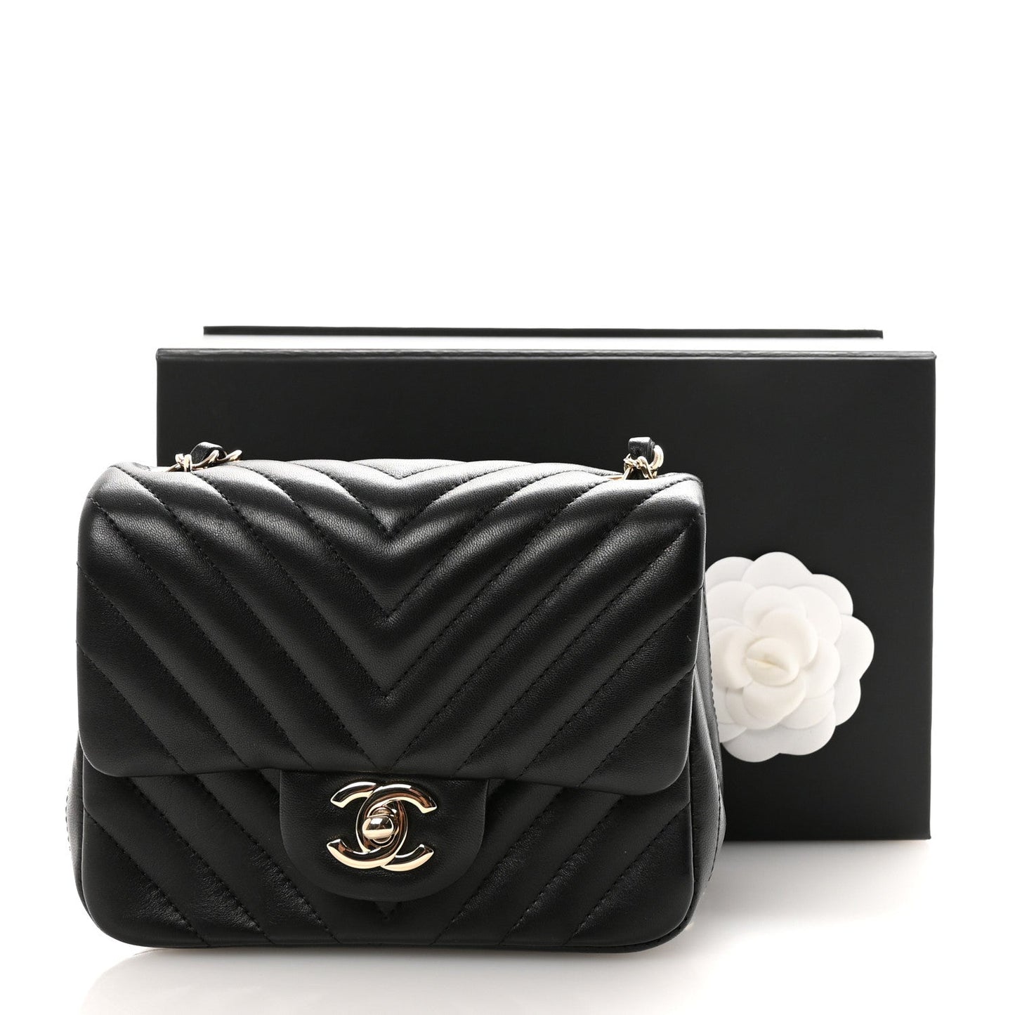Lambskin Chevron Quilted Mini Square Flap Black