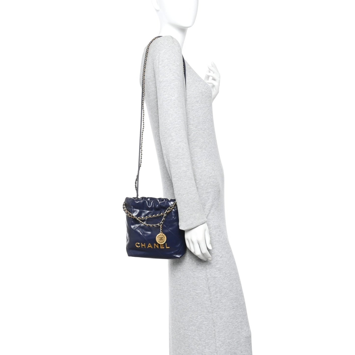 Shiny Calfskin Quilted Mini Chanel 22 Navy Blue