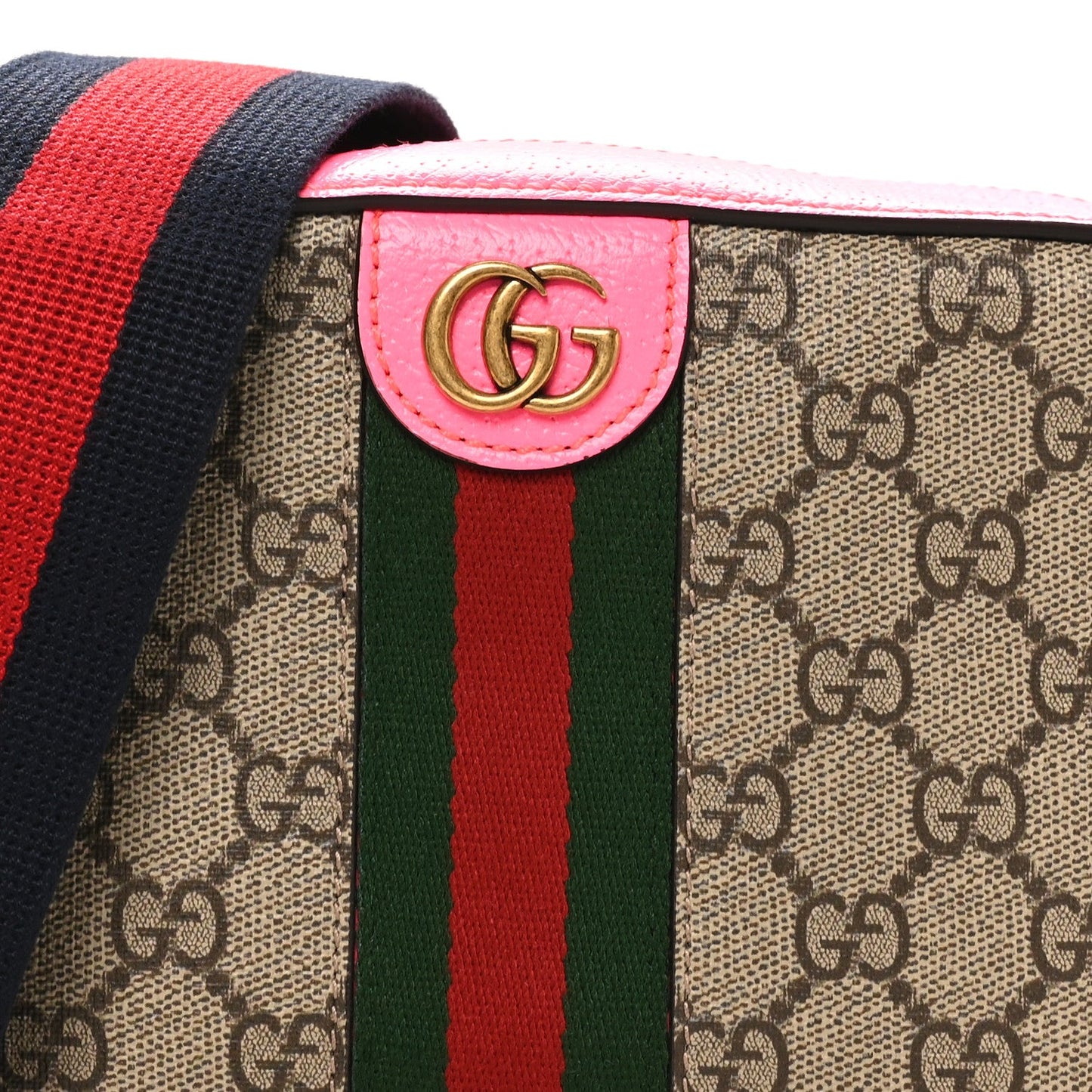 GG Supreme Monogram Textured Dollar Calfskin Web Ophidia Small Crossbody Bag Beige Ebony Fuchsia