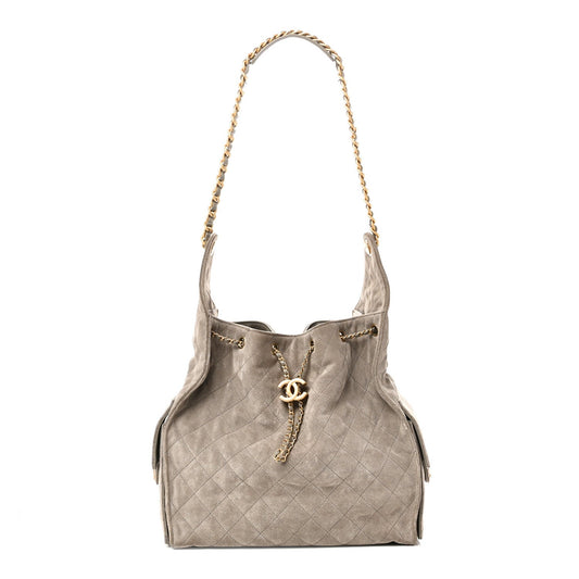 Suede Quilted Medium Chanel 25 Handbag Grey