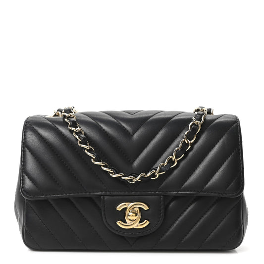 Lambskin Chevron Quilted Mini Rectangular Flap Black