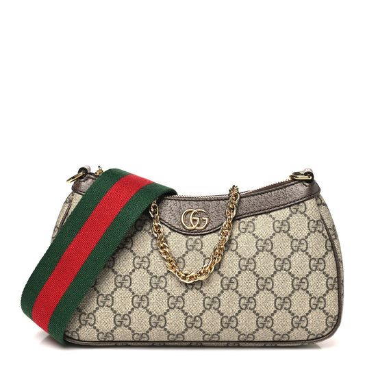 GG Supreme Monogram Textured Dollar Calfskin Web Small Ophidia GG Handbag Beige Ebony New Acero