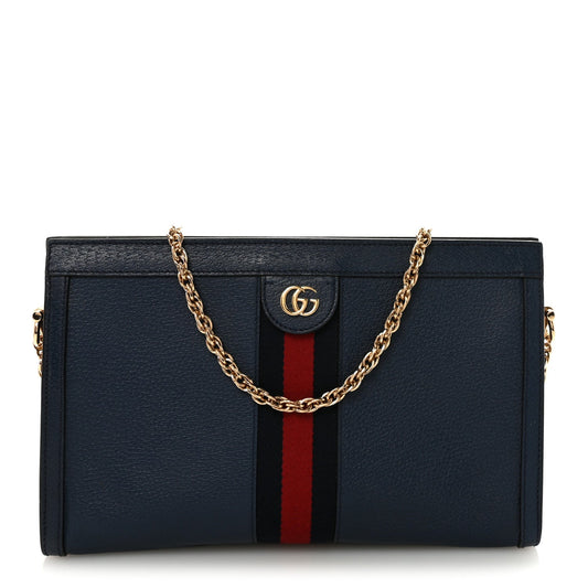 Textured Calfskin Web Medium Ophidia Chain Shoulder Bag Blue Agata