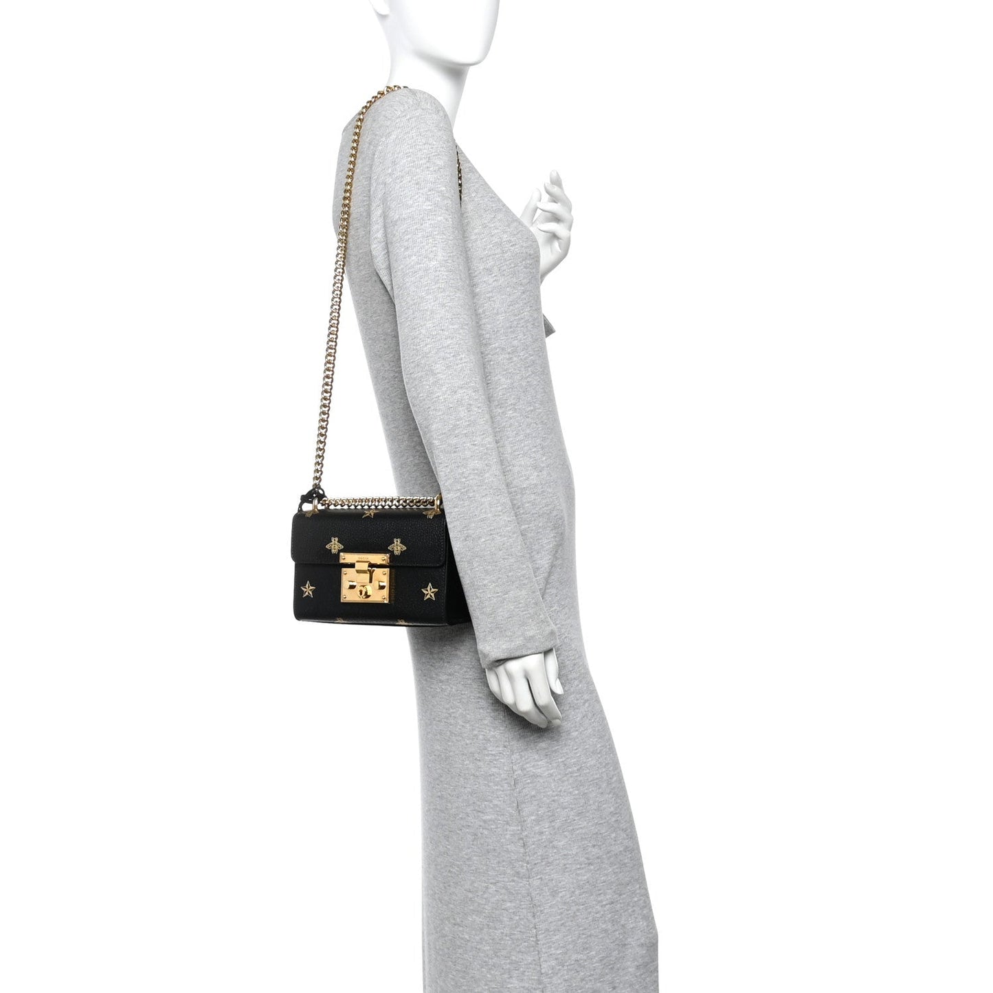 Grained Calfskin Bee Star Small Padlock Shoulder Bag Black