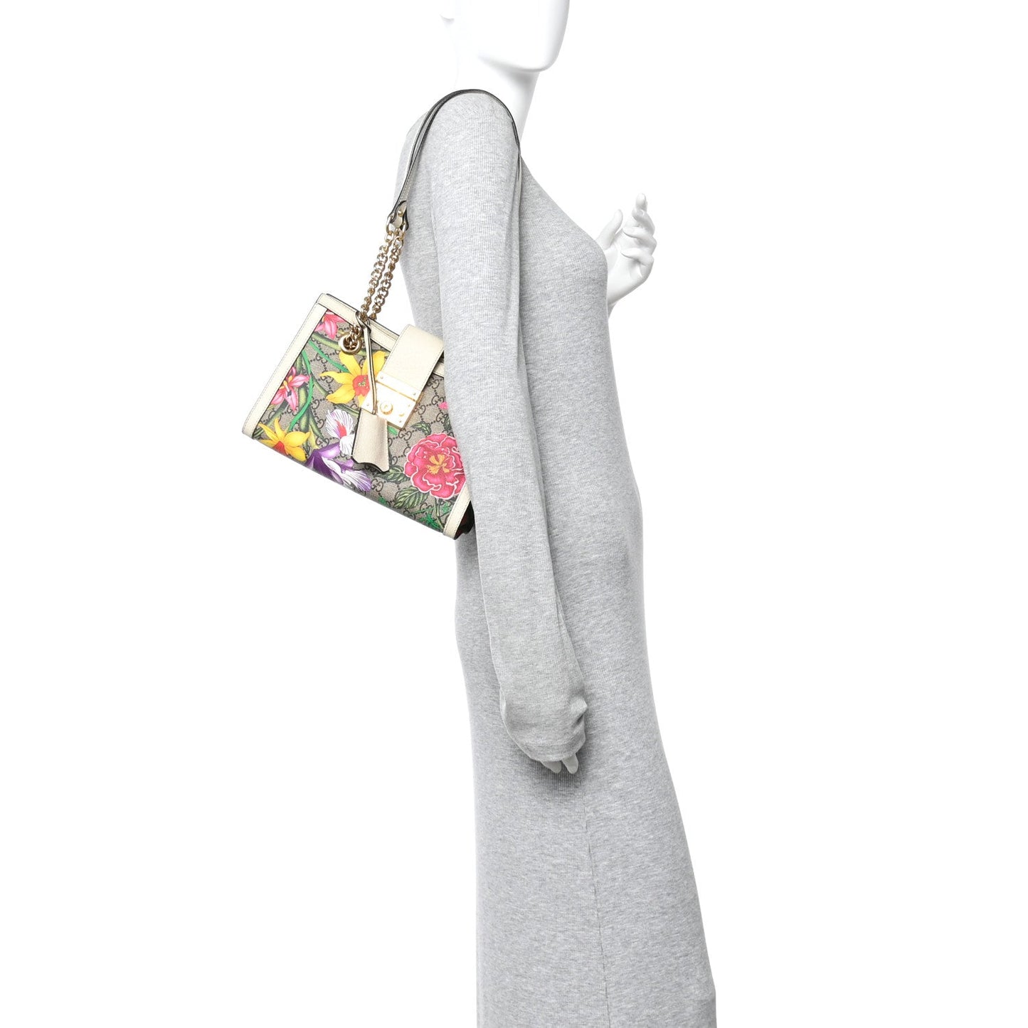 GG Supreme Monogram Flora Textured Calfskin Small Padlock Tote Beige Ebony Multicolor Mystic White