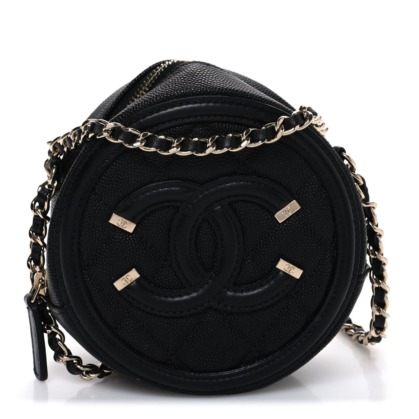Caviar Quilted Round Filigree Crossbody Black