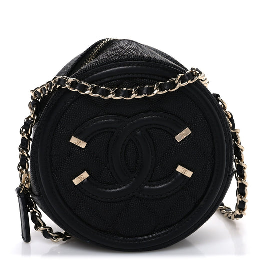 Caviar Quilted Round Filigree Crossbody Black