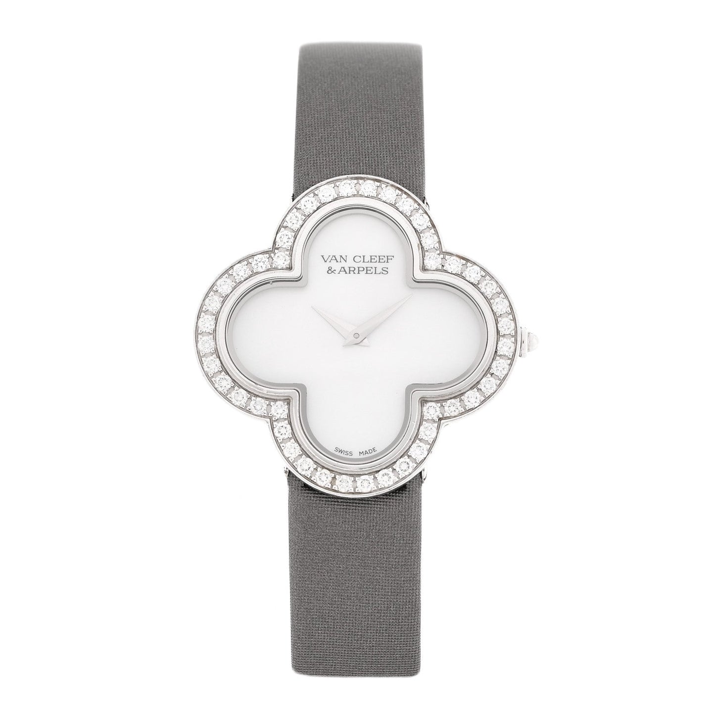 18K White Gold Satin Diamond Bezel Mother of Pearl 30mm Alhambra Quartz Watch