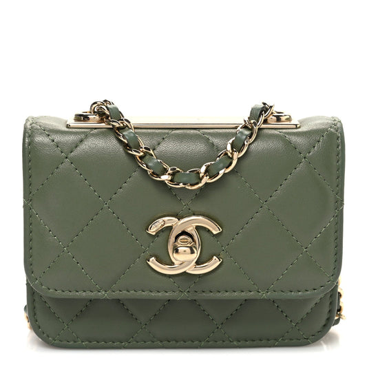 Lambskin Quilted Trendy CC Card Holder On Chain Green