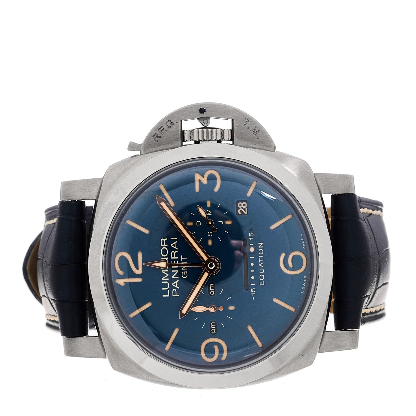 Titanium Alligator 47mm Luminor Equation of Time GMT Manual Winding Watch Blue PAM00670
