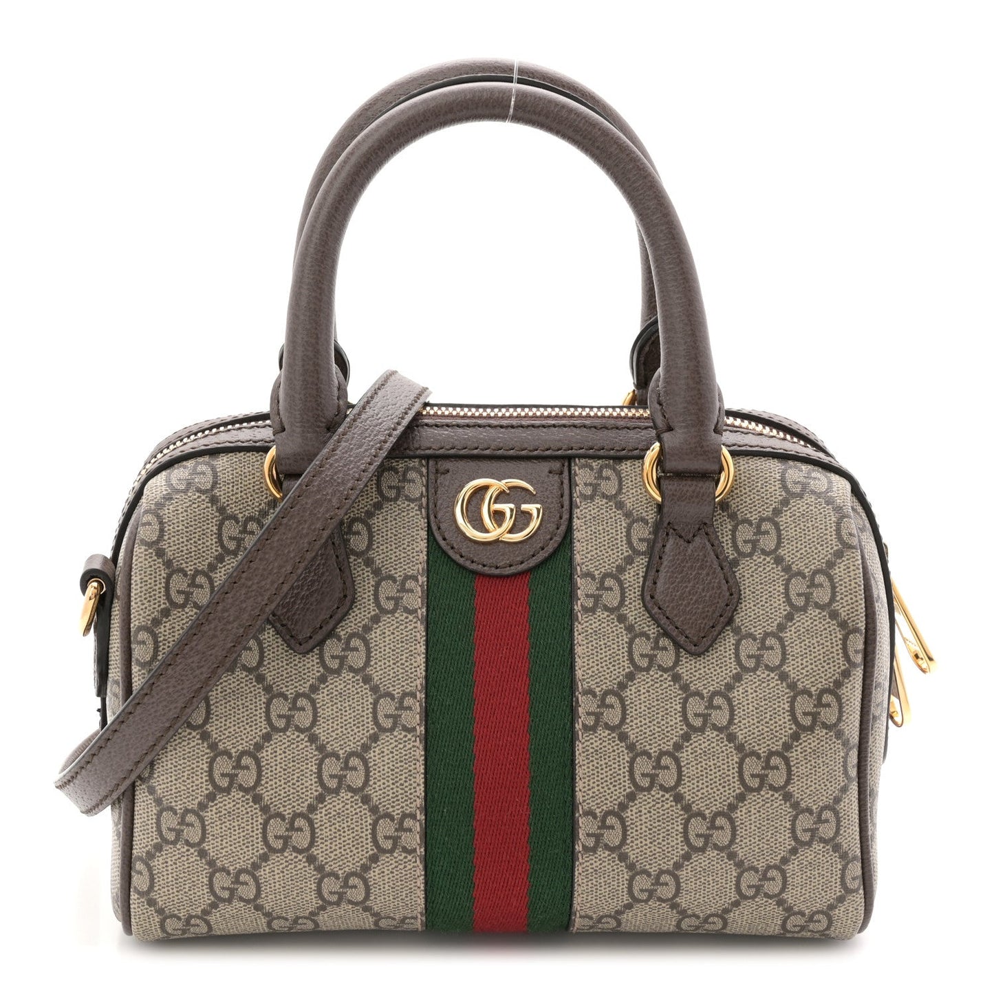 GG Supreme Monogram Textured Dollar Calfskin Web Mini Ophidia Top Handle Bag Beige Ebony New Acero